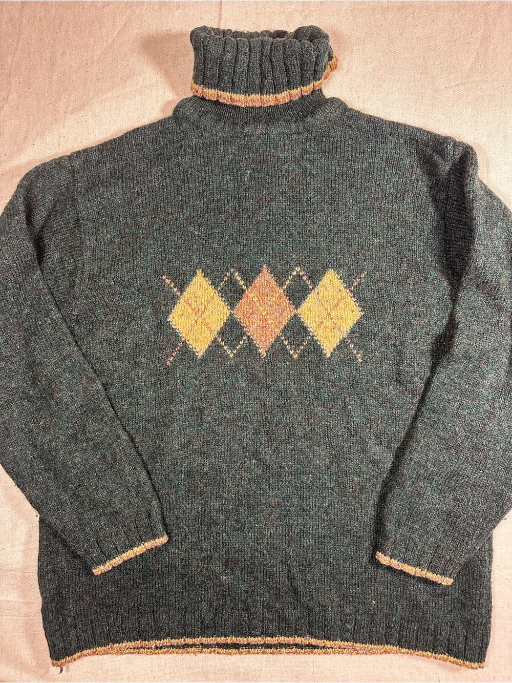 Woolrich 100% Wool Dark Green Turtleneck Sweater with Yellow & Orange Argyle